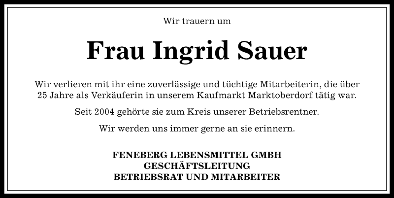 Traueranzeige von Ingrid Sauer von Allgäuer Anzeigeblatt
