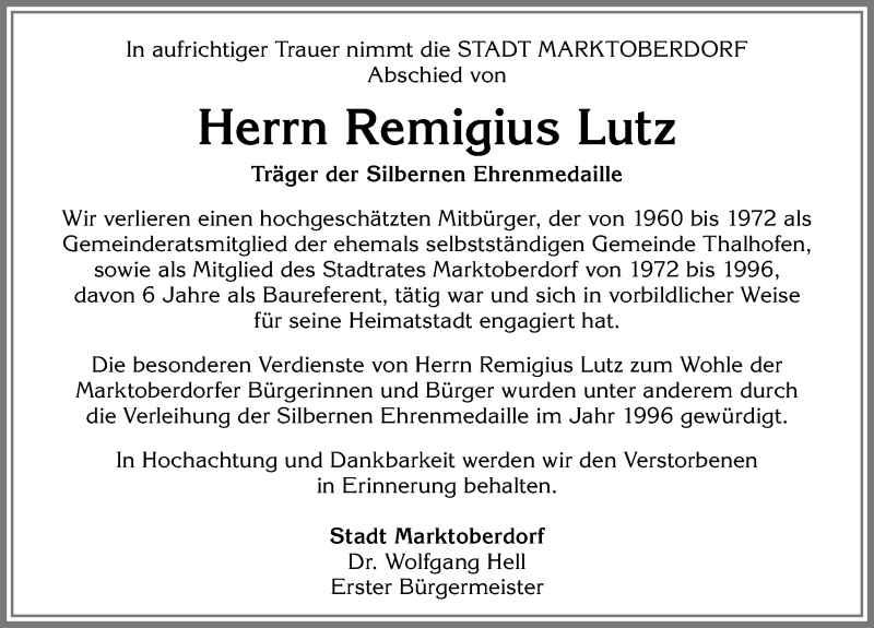 Traueranzeige von Remigius Lutz von Allgäuer Zeitung, Marktoberdorf