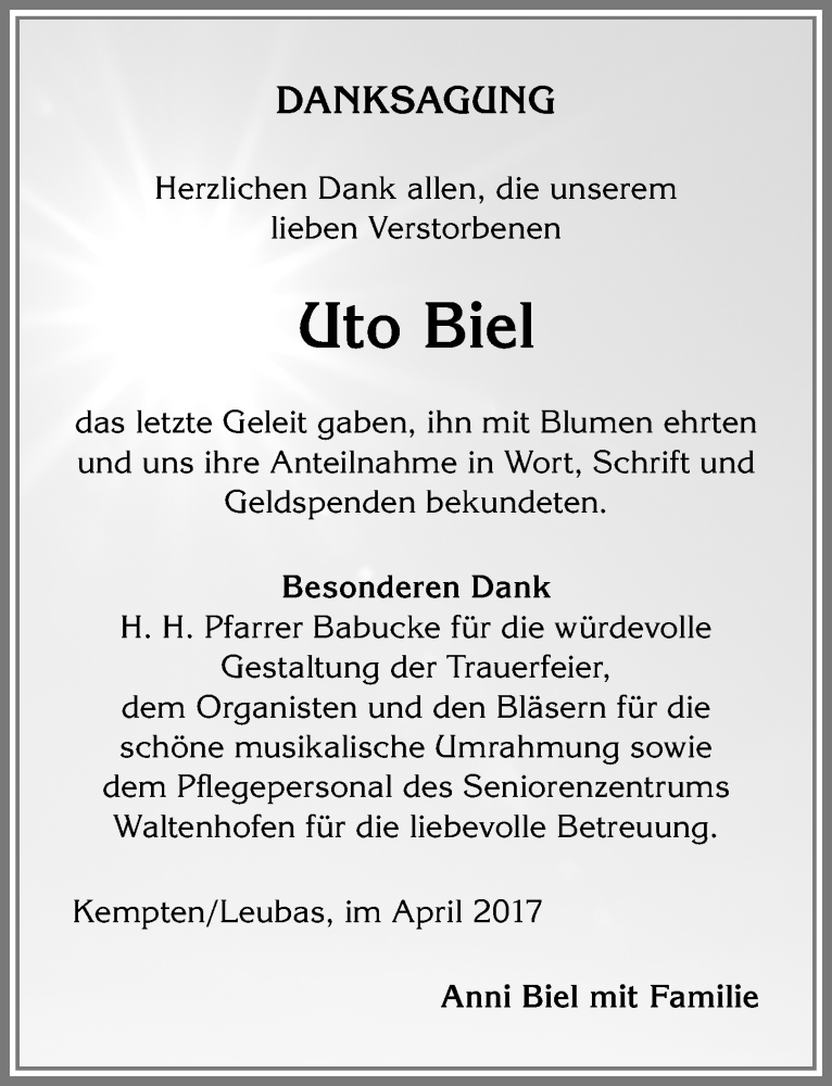 Traueranzeige von Uto Biel von Allgäuer Zeitung,Kempten