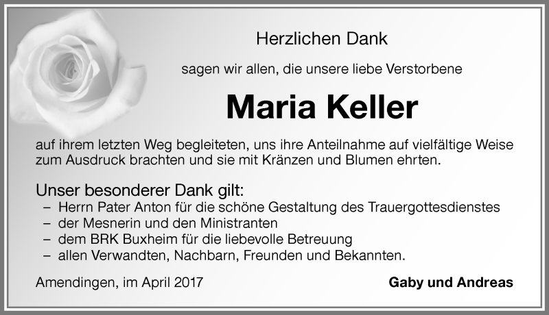 Traueranzeige von Maria Keller von Memminger Zeitung