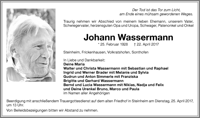 Traueranzeige von Johann Wassermann von Memminger Zeitung