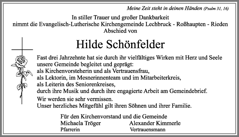 Traueranzeige von Hilde Schönfelder von Allgäuer Zeitung, Füssen