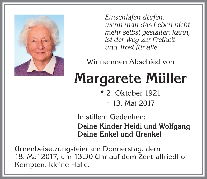 Traueranzeige von Margarete Müller von Allgäuer Zeitung,Kempten
