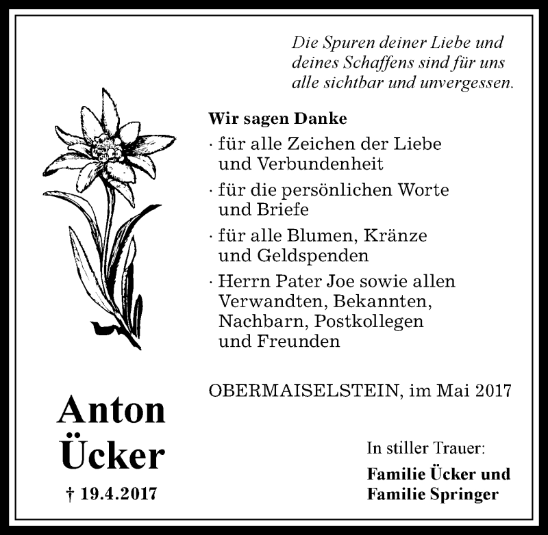 Traueranzeige von Anton Ücker von Allgäuer Anzeigeblatt