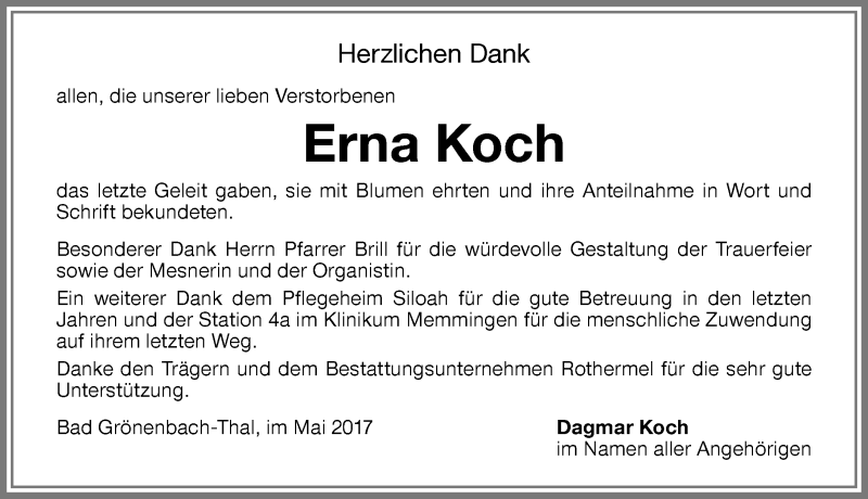 Traueranzeige von Erna Koch von Memminger Zeitung