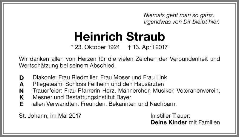 Traueranzeige von Heinrich Straub von Memminger Zeitung