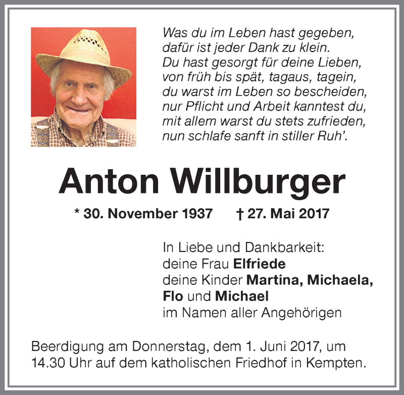 Traueranzeige von Anton Willburger von Allgäuer Zeitung,Kempten