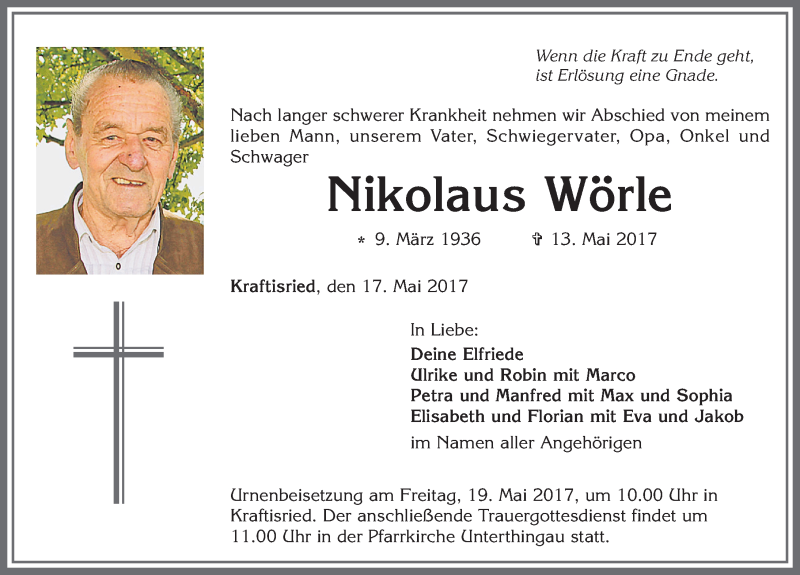 Traueranzeige von Nikolaus Wörle von Allgäuer Zeitung, Marktoberdorf