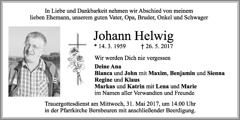 Traueranzeige von Johann Helwig von Allgäuer Zeitung, Marktoberdorf