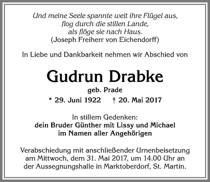 Traueranzeige von Gudrun Drabke von Allgäuer Zeitung, Marktoberdorf