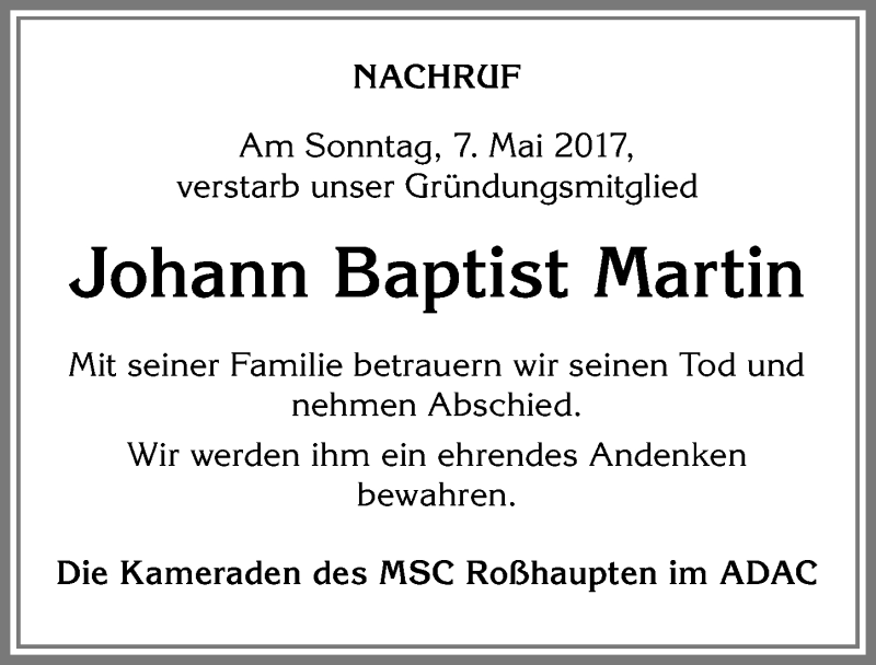 Traueranzeige von Johann Baptist Martin von Allgäuer Zeitung, Füssen