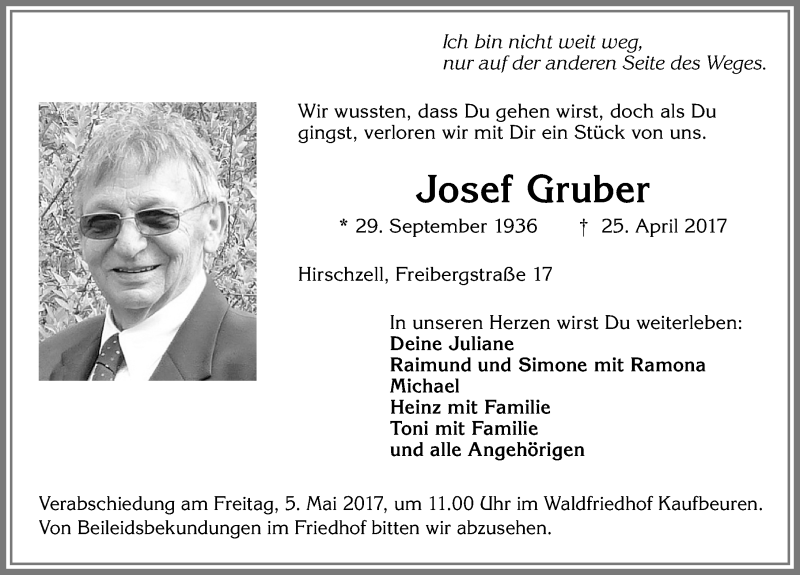 Traueranzeige von Josef Gruber von Allgäuer Zeitung, Kaufbeuren/Buchloe