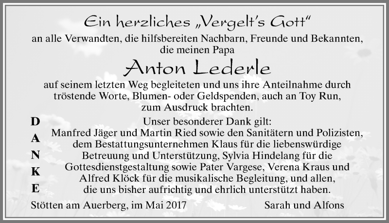 Traueranzeige von Anton Lederle von Allgäuer Zeitung, Marktoberdorf