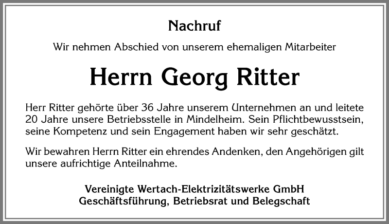 Traueranzeige von Georg Ritter von Allgäuer Zeitung