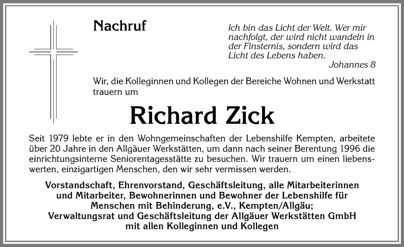 Traueranzeige von Richard Zick von Allgäuer Zeitung,Kempten