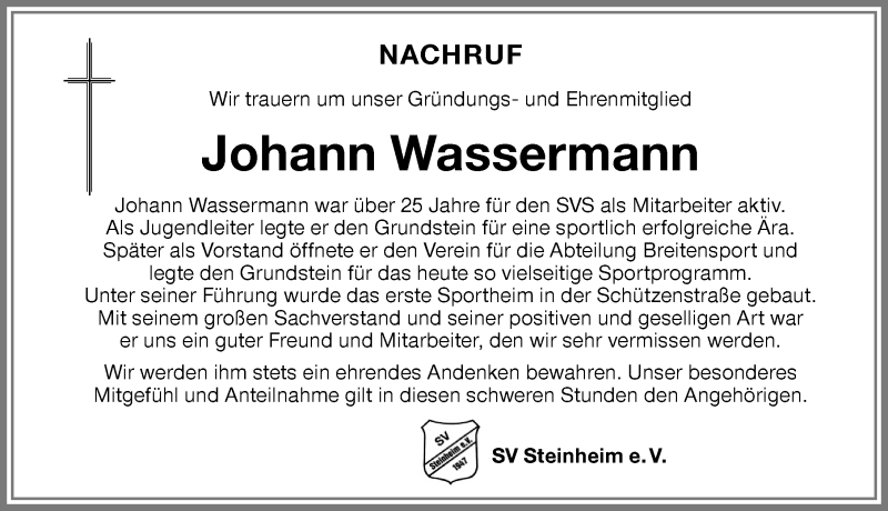 Traueranzeige von Johann Wassermann von Memminger Zeitung