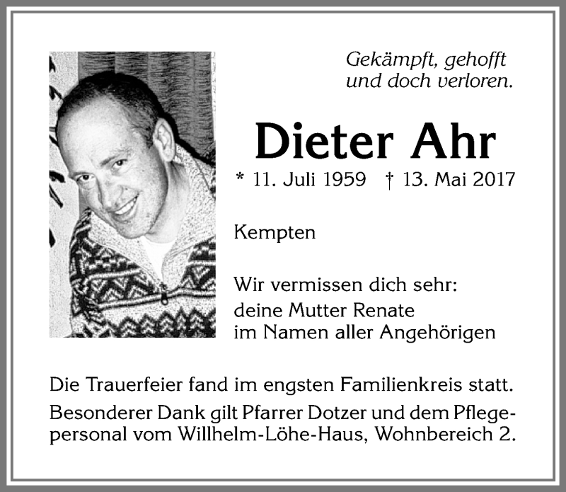 Traueranzeige von Dieter Ahr von Allgäuer Zeitung,Kempten
