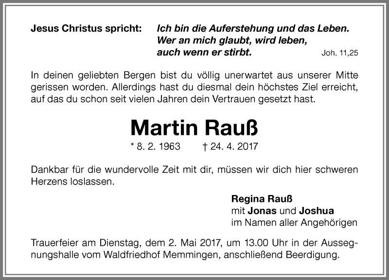 Traueranzeige von Martin Rauß von Memminger Zeitung