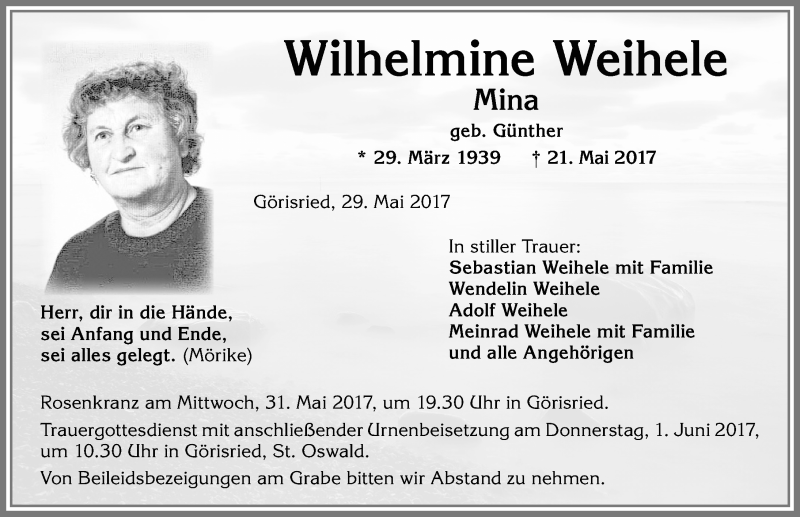 Traueranzeige von Wilhelmine Weihele von Allgäuer Zeitung