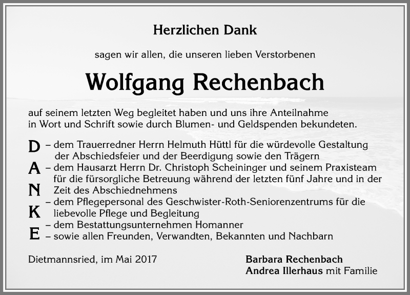 Traueranzeige von Wolfgang Rechenbach von Allgäuer Zeitung,Kempten