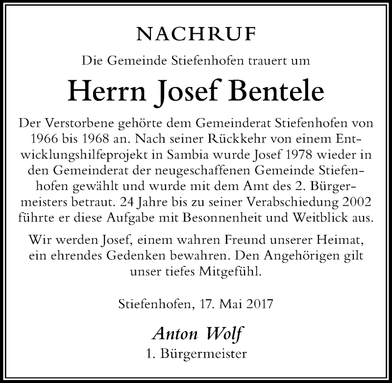 Traueranzeige von Josef Bentele von Der Westallgäuer