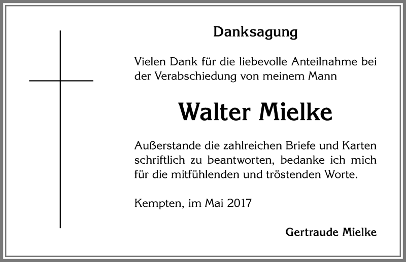 Traueranzeige von Walter Mielke von Allgäuer Zeitung,Kempten