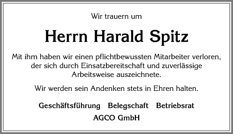 Traueranzeige von Harald Spitz von Allgäuer Zeitung, Marktoberdorf