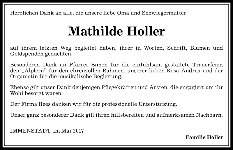 Traueranzeige von Mathilde Holler von Allgäuer Anzeigeblatt