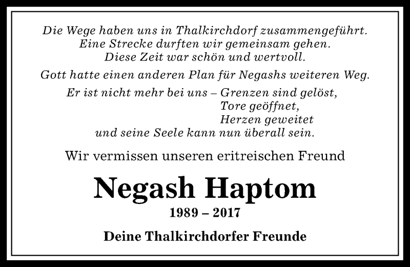 Traueranzeige von Negash Haptom von Allgäuer Anzeigeblatt