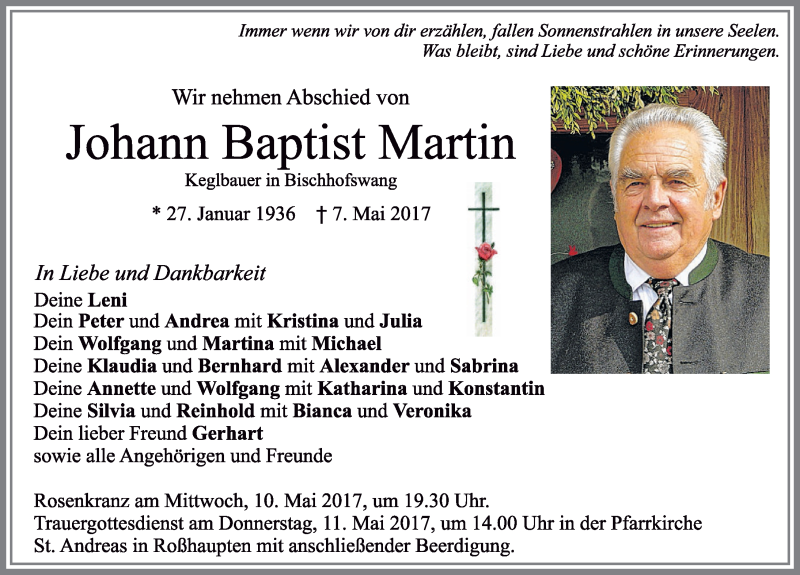 Traueranzeige von Johann Baptist Martin von Allgäuer Zeitung, Füssen