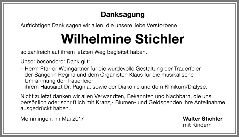 Traueranzeige von Wilhelmine Stichler von Memminger Zeitung