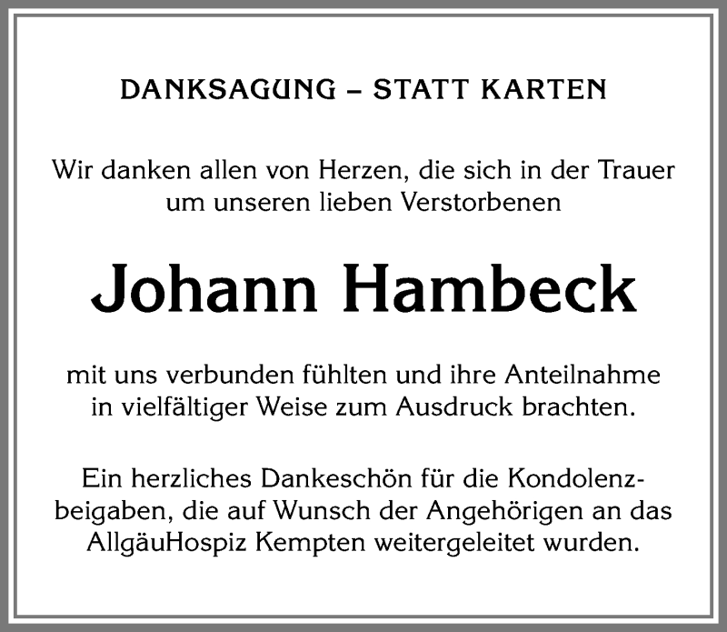 Traueranzeige von Johann Hambeck von Allgäuer Zeitung,Kempten