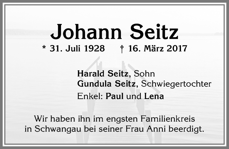 Traueranzeige von Johann Seitz von Allgäuer Zeitung,Kempten