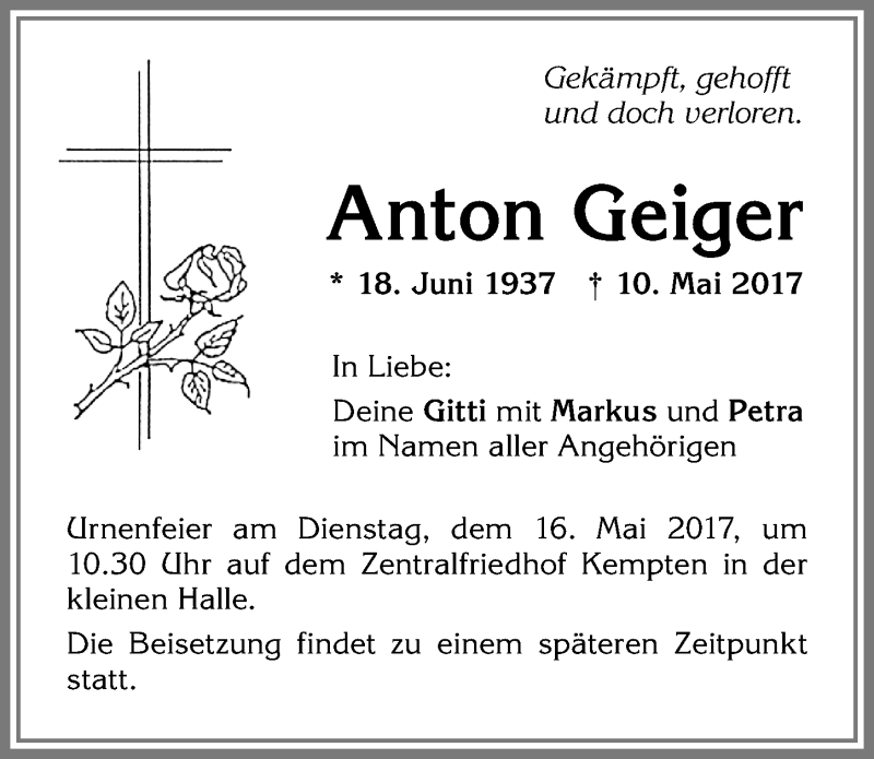 Traueranzeige von Anton Geiger von Allgäuer Zeitung,Kempten