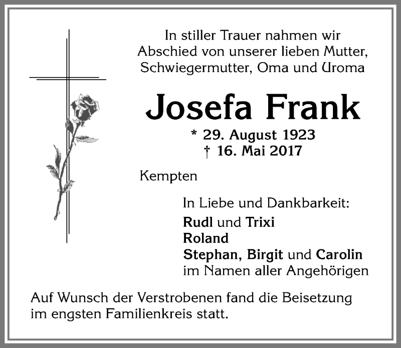 Traueranzeige von Josefa Frank von Allgäuer Zeitung,Kempten