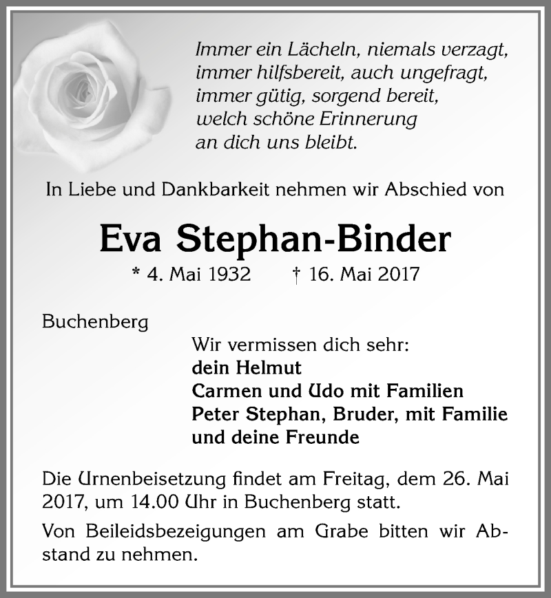 Traueranzeige von Eva Stephan-Binder von Allgäuer Zeitung,Kempten