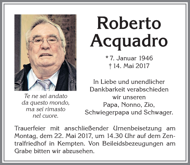 Traueranzeige von Roberto Acquadro von Allgäuer Zeitung,Kempten