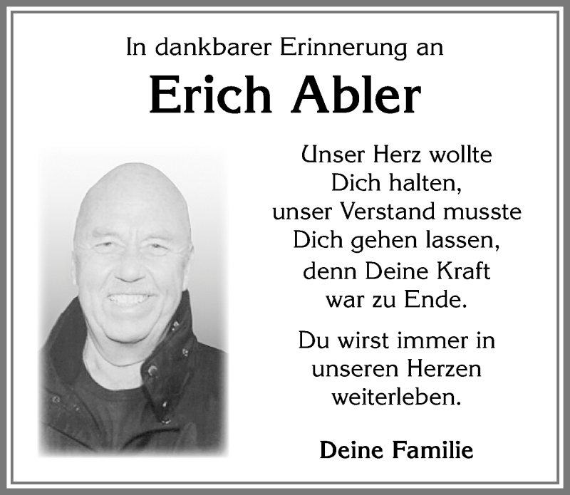 Traueranzeige von Erich Abler von Allgäuer Zeitung,Kempten