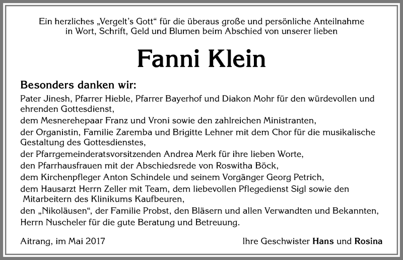 Traueranzeige von Fanni Klein von Allgäuer Zeitung, Marktoberdorf