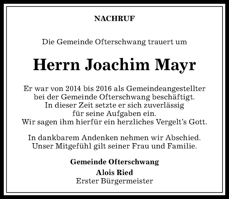 Traueranzeigen Von Joachim Mayr Augsburger Allgemeine Zeitung