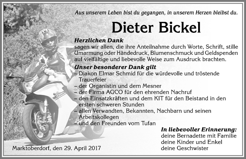 Traueranzeige von Dieter Bickel von Allgäuer Zeitung, Marktoberdorf