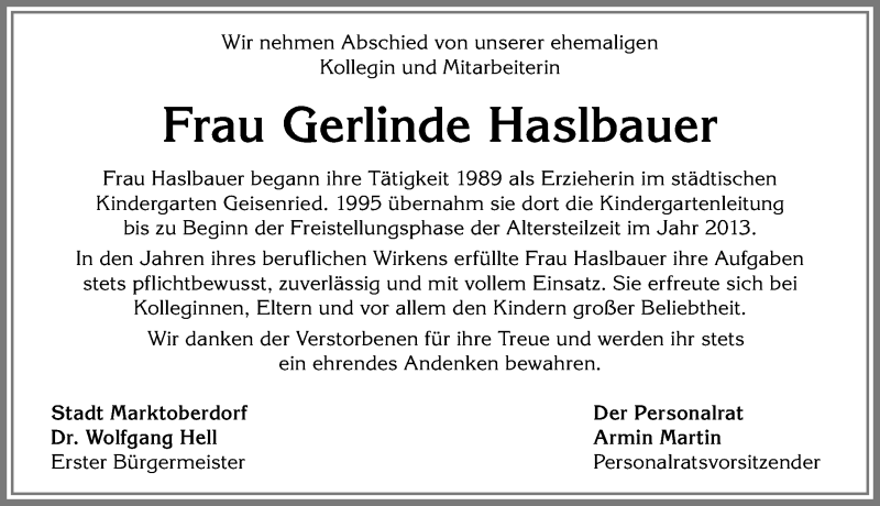 Traueranzeige von Gerlinde Haslbauer von Allgäuer Zeitung, Marktoberdorf