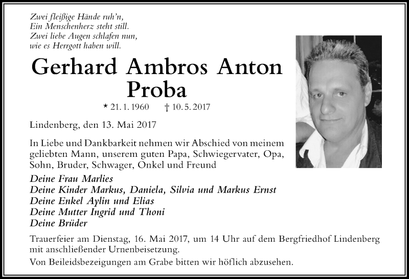 Traueranzeige von Gerhard Ambros Anton Proba von Der Westallgäuer