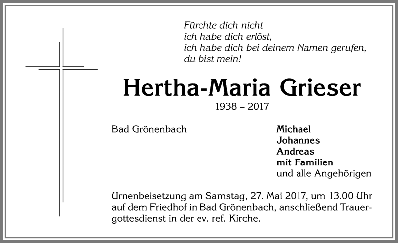 Traueranzeige von Hartha-Maria Grieser von Allgäuer Zeitung