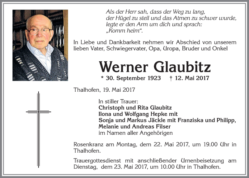 Traueranzeige von Werner Glaubitz von Allgäuer Zeitung, Marktoberdorf