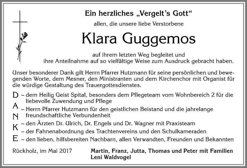 Traueranzeige von Klara Guggemos von Allgäuer Zeitung, Füssen