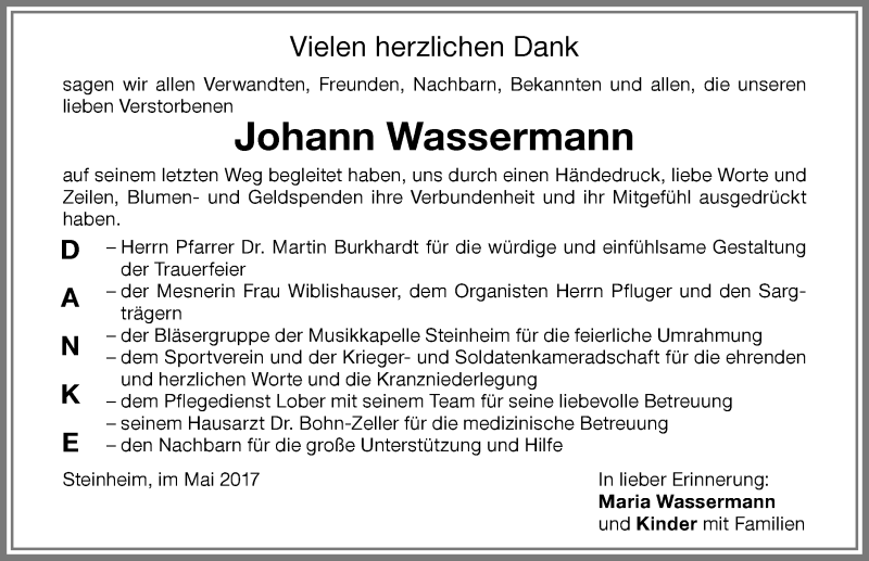 Traueranzeige von Johann Wassermann von Memminger Zeitung