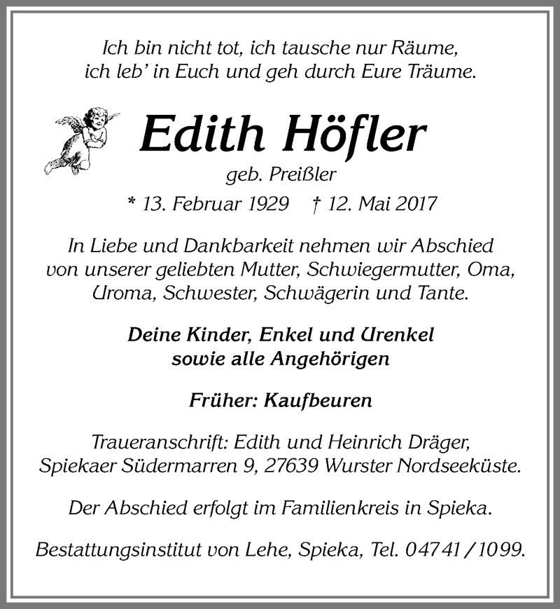 Traueranzeige von Edith Höfler von Allgäuer Zeitung, Kaufbeuren/Buchloe
