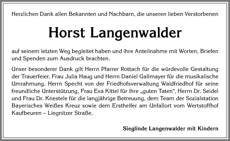 Traueranzeige von Horst Langenwalder von Allgäuer Zeitung, Kaufbeuren/Buchloe