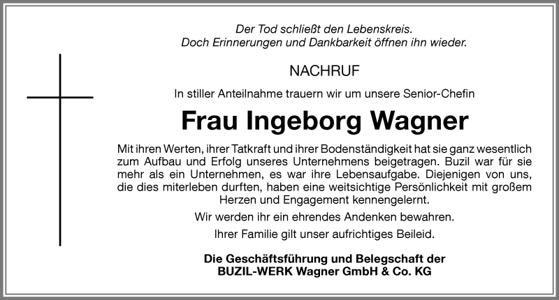 Traueranzeige von Ingeborg Wagner von Memminger Zeitung